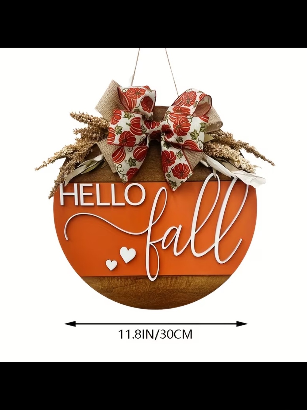 “Hello Fall”Round Wooden Sign with White Script and Bow - Picture 3 of 7